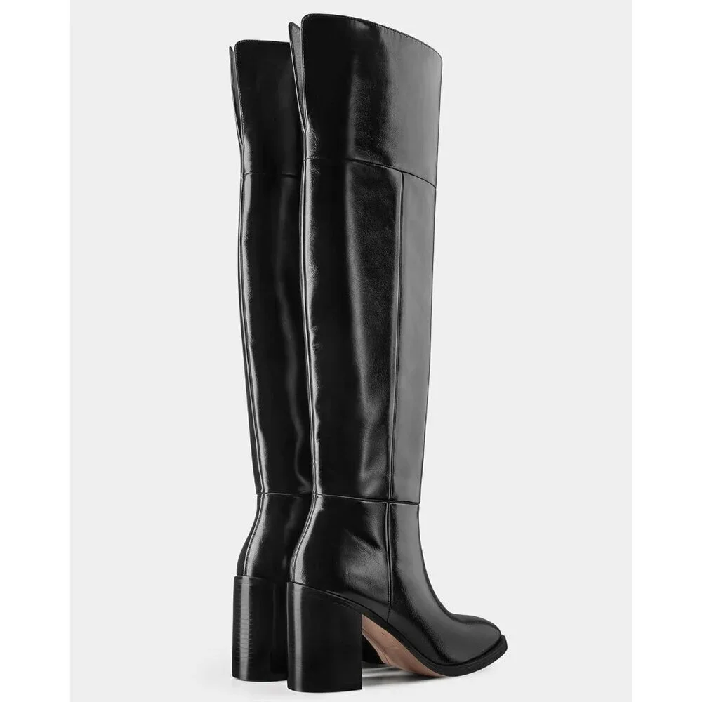 Women Black Pu Over the Knee Square Toe Chunky Heel Patent Leather Long Boots